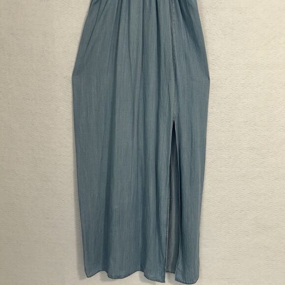 Lovestitch Sundress Women L Blue Chambray Maxi Straps Slit Preppy Boho Beach - Picture 10 of 12